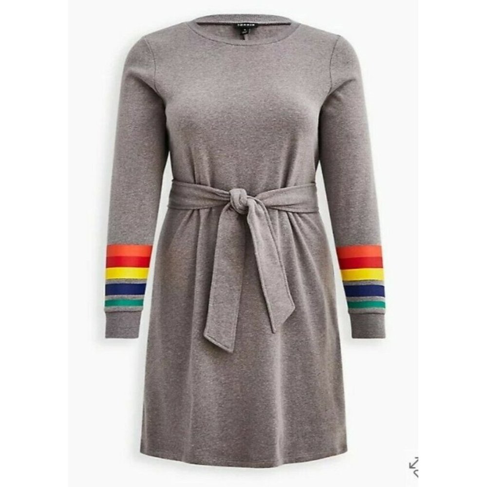 Women's NWT Torrid Shift Dress - Cozy Fleece Rainbow Cuffed Grey - Picture 4 of 4